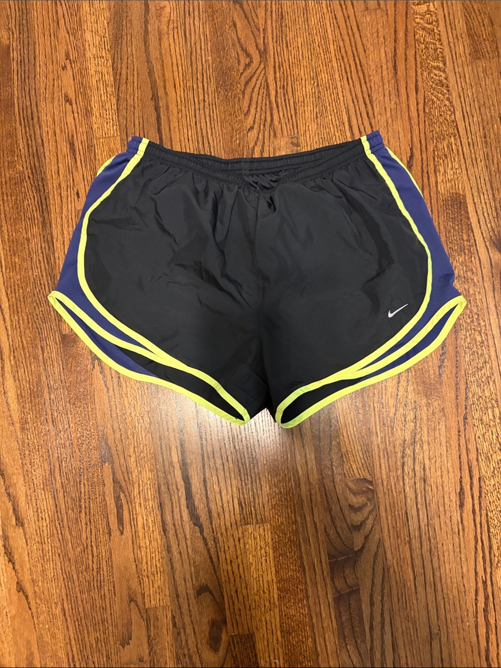 Nike Black Athletic Shorts with Neon Yellow Trim and Blue Panels